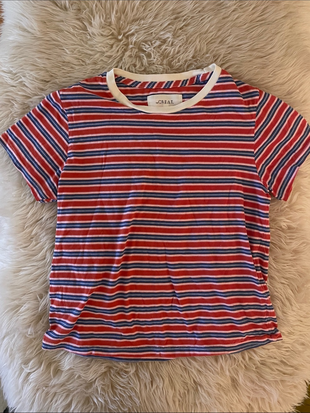 THE GREAT. Red, Blue & White Striped Short Sleeve Tee